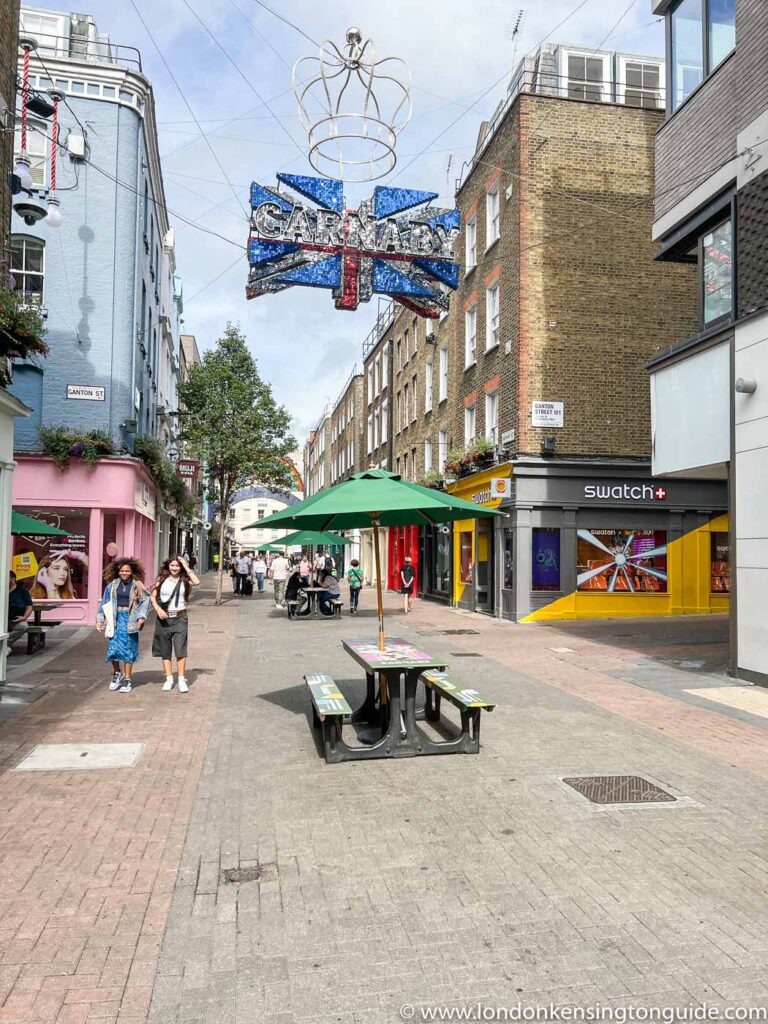 Guide to exploring London's Carnaby Street in Soho. A pedestrianised thoroughfare filled with shops, cafes, restaurants, bars, and everything for a perfect day out in London.