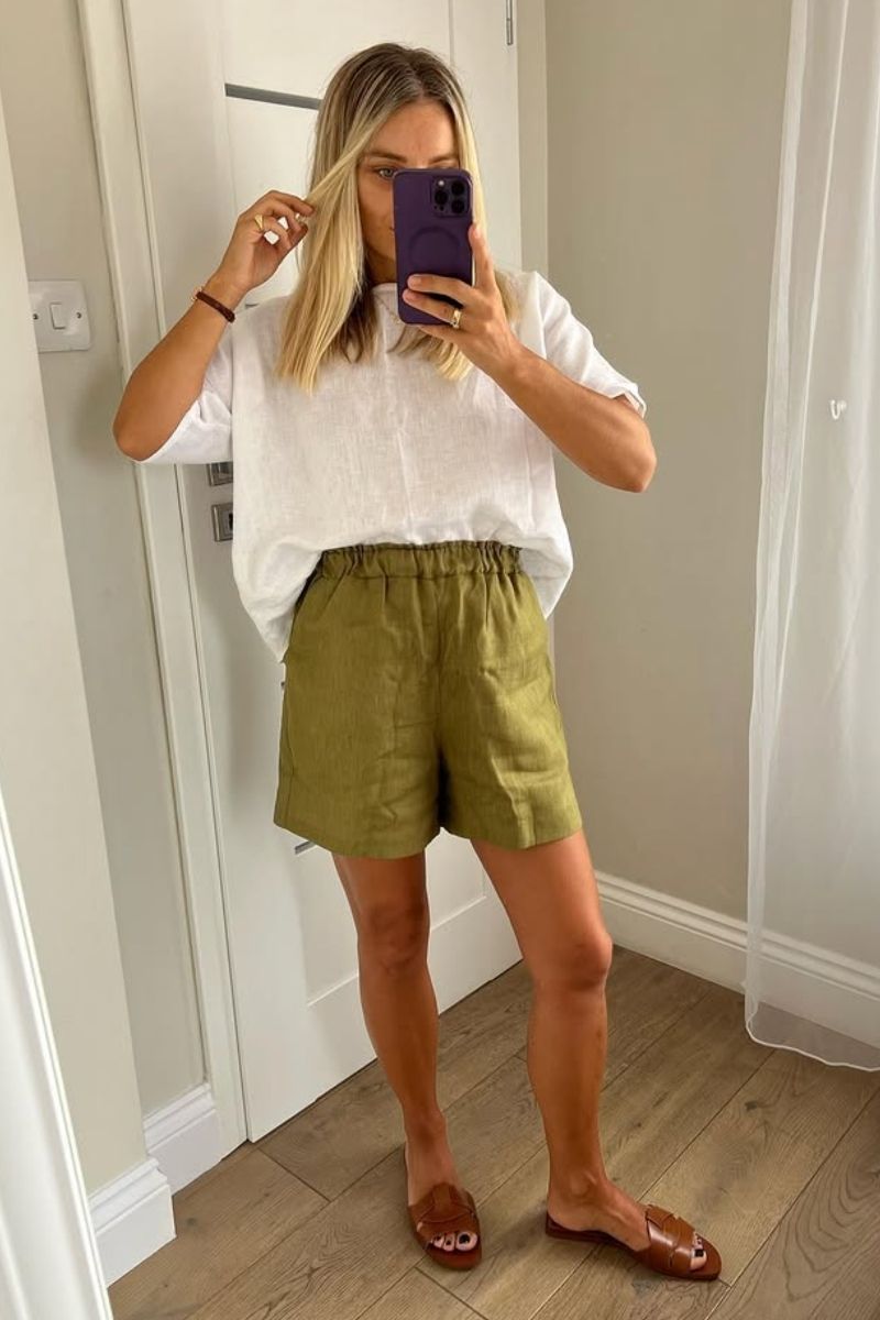 Discover chic and effortless ways to style green linen shorts this season with outfit ideas perfect for every occasion. From casual everyday looks to elevated summer outfits, explore stylish combinations, layering tips, and must-have accessories to create polished, breathable looks you'll wear on repeat. Outfit With Green Linen Shorts, What To Wear With Green Linen Shorts, Green Linen Shorts Outfit, Green Linen Shorts Outfit Summer, Green Linen Shorts Outfits Women, Green Linen Shorts Men, Green Linen Shorts Outfit Plus Size, Green Linen Shorts Outfit Ideas, Green Linen Shorts Outfit Aesthetic, Light Green Linen Shorts Outfit, How To Style Green Linen Shorts, Sage Green Linen Shorts