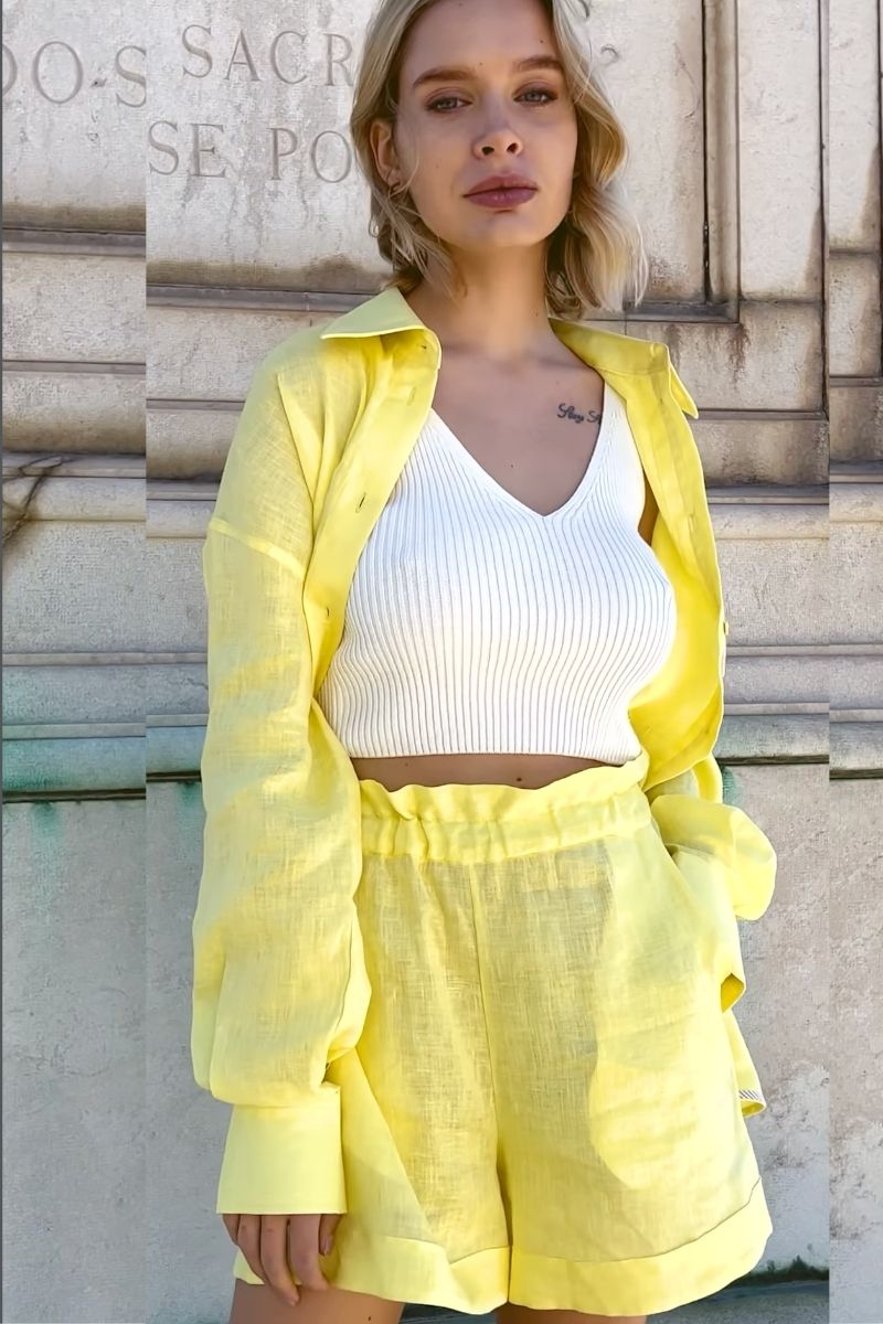 Discover how to style yellow linen shorts with 16 effortlessly chic outfit ideas perfect for summer. From relaxed linen sets to polished city looks, this guide covers styling tips, outfit inspiration, and must-have accessories to elevate your warm-weather wardrobe with ease and elegance.&nbsp;Yellow Linen Shorts Outfit, Yellow Linen Shorts Outfit Summer, Yellow Linen Shorts Set, Yellow Linen Shorts Outfit Ideas, Yellow Linen Shorts Outfit Women, Yellow Linen Shorts Casual Outfit, Yellow Linen Shorts Styled, Yellow Shorts Linen, Styling Yellow Linen Shorts, Pale Yellow Linen Shorts, How To Style Yellow Linen Shorts, Yellow Top Linen Shorts, What To Wear With Yellow Linen Shorts, Yellow Linen Shirt With Shorts, Outfits With Yellow Linen Shorts